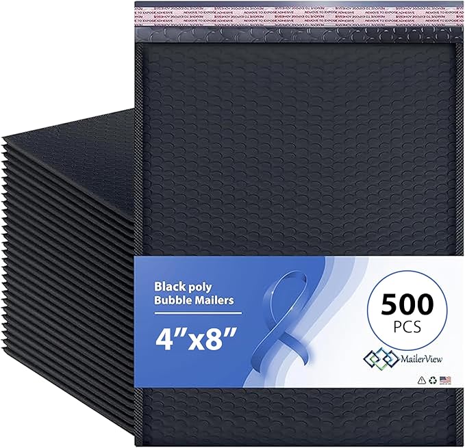 MAILERVIEW Black Small Bubble Mailers 4x8 Inch #000 | Thick Padded Poly Bubble Mailer Envelopes | 500 Pack Bulk | Trading Card Sports Card Shipping Made In USA