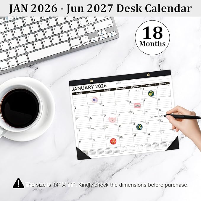 Desk Calendar 2026-2027, 14" X 11" Desktop Calendar 2026-2027, 18 Months Calander Runs from Jan. 2026 to Jun. 2027, Academic Monthly Planner for Home School Office (White and Black)