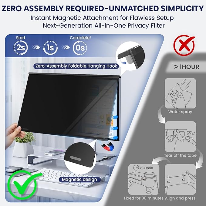 Magnetic 32 Inch Privacy Screen for Frameless Computer Monitor 16:9 Aspect Ratio,Hanging Blue Light Screen Protector Eye Protection Anti-Spy Shield, 32in Removable Privacy Filter