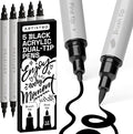 ARTISTRO 5 Black Acrylic Paint Markers - Paint Pens Dual Tip Brush + Fine Ideal for Calligraphy - Perfect for Fabric, Rock, Glass, Wood, DIY - Art Supplies, Stocking Stuffers, Christmas Gift Idea