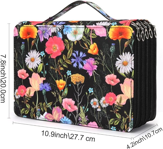 Vomgomfom Colored Pencil Case - 252 Slot Pencil Holder with Zipper Closure, Twill Fabric Large Capacity Case for Watercolor Pens or Markers, Organizer for Artists (Black Flower)