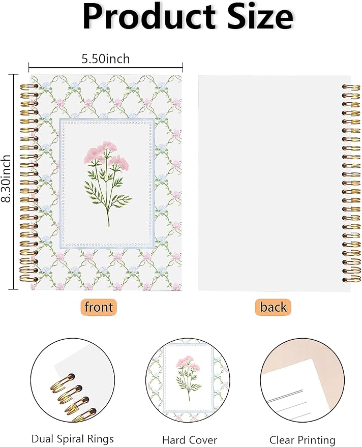 BitKan Pink and Blue Floral Spiral Notebook, Grandmillennial Wild Flower Journal for Women, Preppy Pastel Botanical Aesthetic Notebook 5.5x8.3 Inch, Preppy Office Supplies-364
