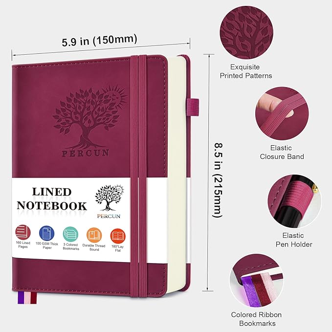 PERCUN Lined Journal Notebook for Men & Women, 160 Pages College Ruled Journal for Writing, A5 Hardcover Leather Notebooks for Work, School, Business, Travel, Daily Diary 5.9" x 8.5" (Burgundy)