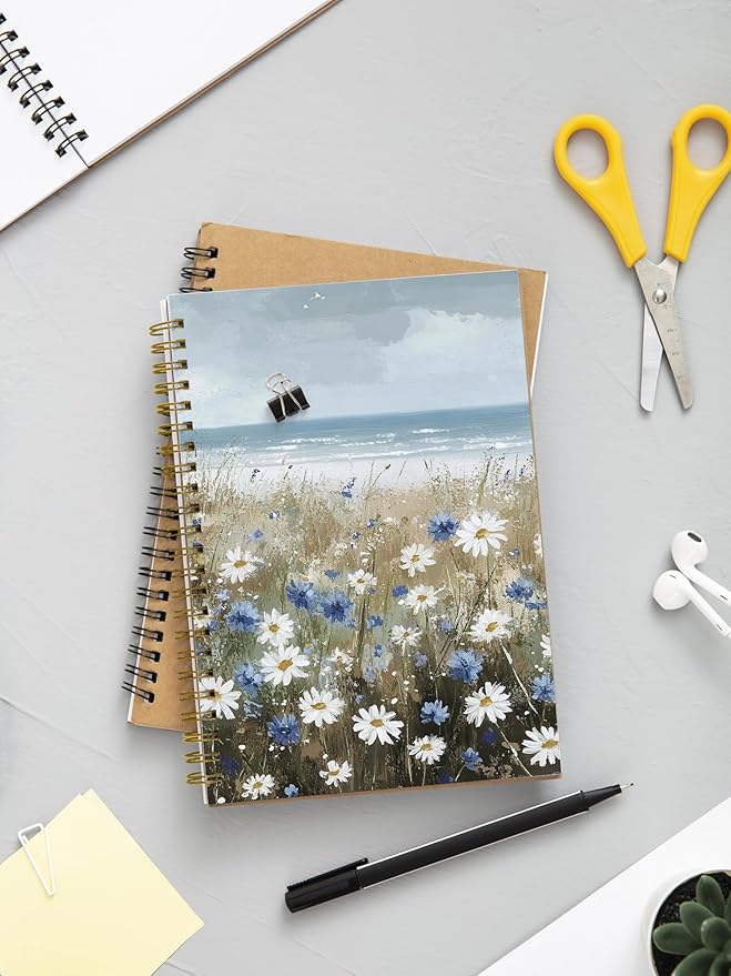 Beach Wildflowers Hardcover Spiral Notebooks - Coastal Boho Farmhouse Flowers Nautical Sea Journal for Women, Ocean Themed Gifts for Beach Lovers, White and Blue Daisy Seaside Notebook 5.5x8.3 Inch