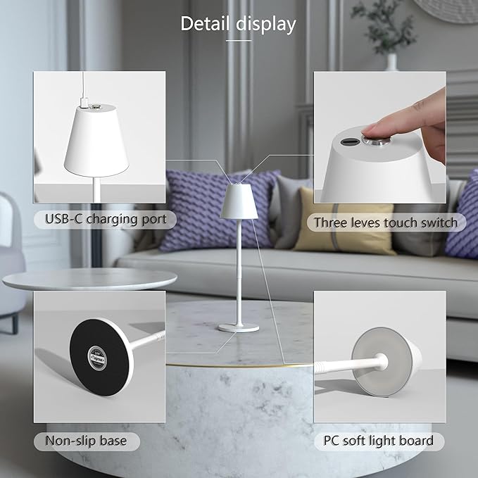 Timjorman 2-Pack Cordless Table Lamps - 4000mAh Rechargeable Battery Operated Desk Lamp, 3-Level Dimmable LED Night Light for Bedroom, Dining, Restaurant - Metal Design (White 2-Pack)