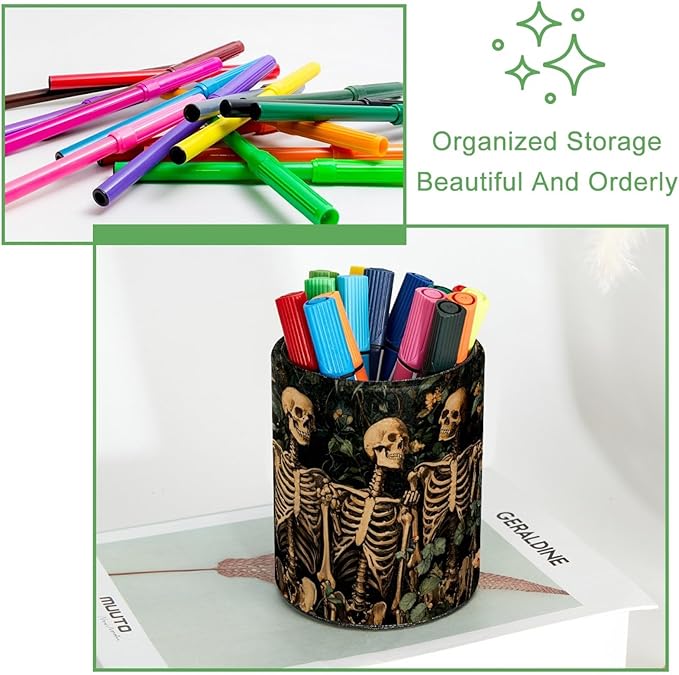 Leather Pen Holder for Desk, Skeleton Flower Pencil Cup Desktop Organizer Makeup Brush Holders Office Supplies for Home, Kids & School