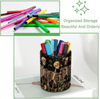 Leather Pen Holder for Desk, Skeleton Flower Pencil Cup Desktop Organizer Makeup Brush Holders Office Supplies for Home, Kids & School