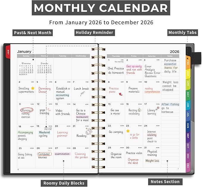EMSHOI 2026 Planner Weekly and Monthly, Week on One Page with Notes, A5 (5.7"x8.3"), Jan-Dec 2026 Calendar Agenda with Monthly Tabs, Note Pages, 100GSM Thick Paper, Flexible Cover, Black