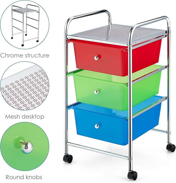 Giantex Rolling Cart with Drawers, Craft Organizer with Wheels, 3 Drawer Storage Container Bins for Back to School Office Scrapbook Paper Tools Multicolor