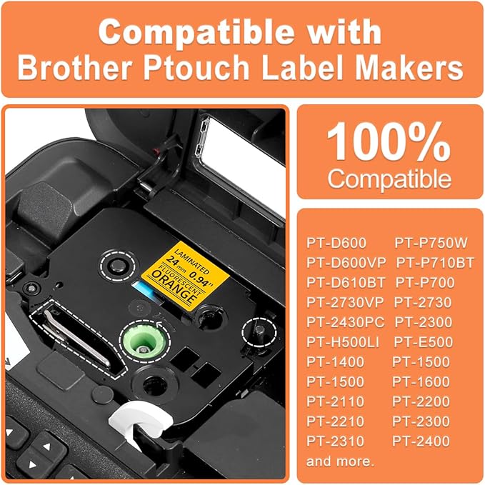 24mm Label Tape Orange Replace for Brother P Touch TZe TZ Tape 24mm 0.94'' TZe-B51 TZB51 Laminated 1 Inch for Ptouch PTD600 PT-P710BT PT- P910BT Label Makers, 4-Pack, Black on Fluorescent Orange
