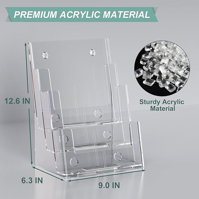 Argvey Acrylic Brochure Holder 8.5 x 11 inches, 3 Tier Clear Literature Holder with Removable Divider for Trifold 4 Inches Wide Pamphlet, Plastic Flyer Display Stand for Magazine, Document, Booklet
