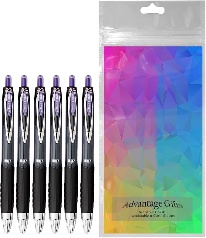 Advantage Gifts Signo 207 Roller Ball Retractable Gel Pens, Medium Point (0.7mm), Purple Ink, 6 Count, Bundle with Plastic Reusable Pouch