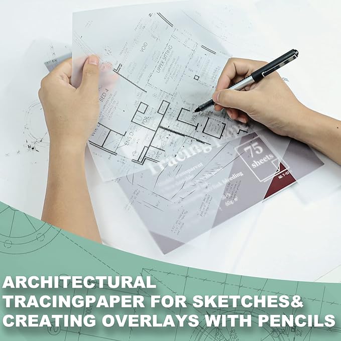 Tracing Paper 8.5x11 inch, 100 Sheets Transparent Vellum Paper for Tracing Pads, 38lb/60gsm Translucent Tracing Paper for Pencil, Marker and Ink，Trace Images, Sketch, Preliminary Drawing, Overlays.