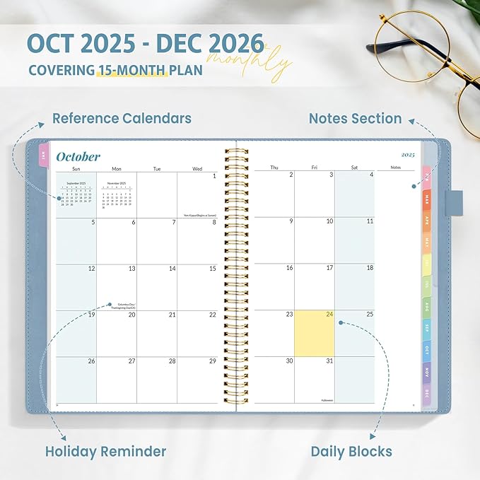 2026 Planner, Annecy Weekly ＆ Monthly Planner 2026, Jan. 2026 – Dec. 2026, 9" x 11" Monthly Agenda Planner with Tabs, Vegan Leather Cover, Spiral Binding, Double-sided Pocket, Bookmark, Grey Blue