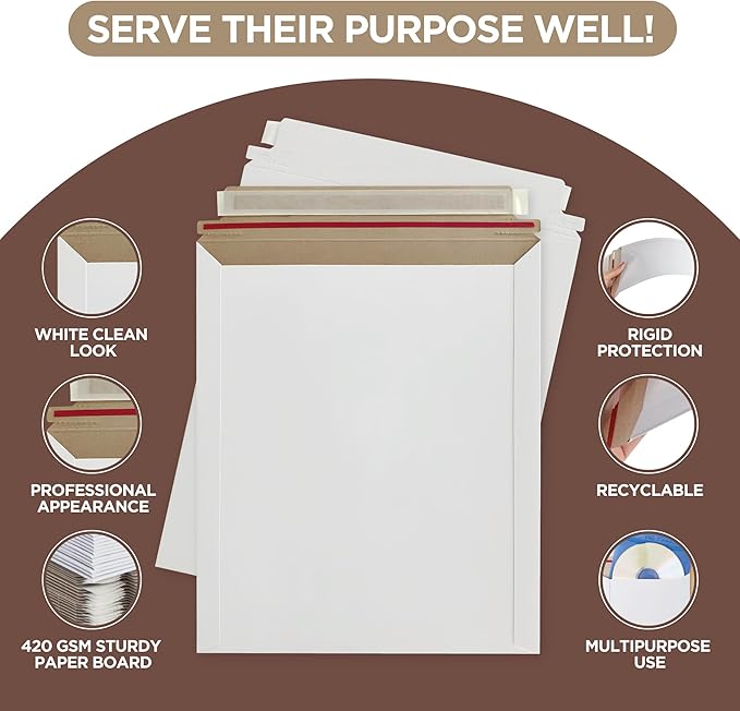 Rigid Mailers 9x12 Inches with 200 Side Strips for Extra Protection from Bending - 100 Pack – Self Adhesive with tear strip for Documents, Photos, CDs, Magazines, and Literature