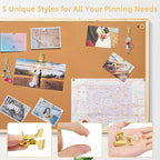 Gold Push Pins Set, 310 Pcs Decorative Thumb Tacks for Cork Board with Push Pin Hooks & Clips, 5 Styles Office Pushpins Set in Storage Box for Bulletin Board, Maps, Photos, Notes
