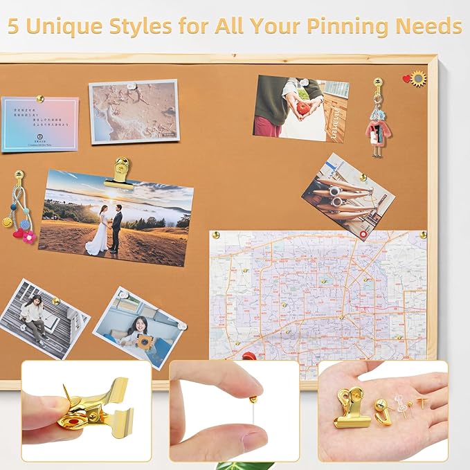 Gold Push Pins Set, 310 Pcs Decorative Thumb Tacks for Cork Board with Push Pin Hooks & Clips, 5 Styles Office Pushpins Set in Storage Box for Bulletin Board, Maps, Photos, Notes