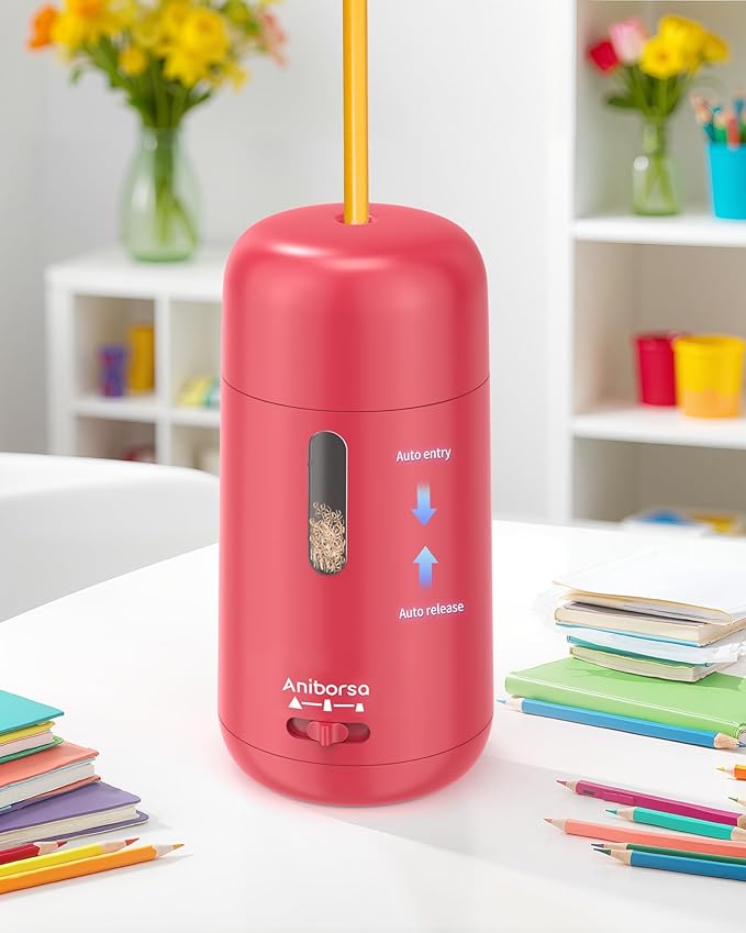 Aniborsa Automatic Electric Pencil Sharpener - Auto Feed, Auto Stop & Auto Eject, Rechargeable for Classroom, Home, School, Office, Rose Red