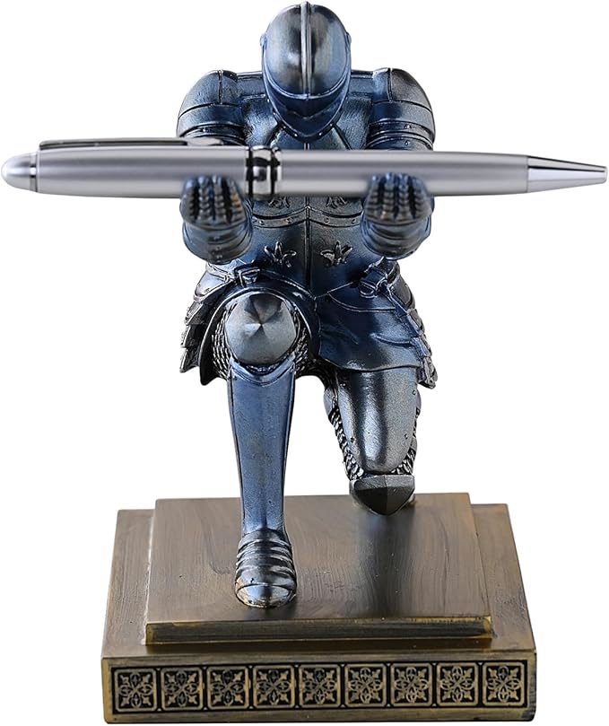 Amoysanli Knight Pen Holder Desk Organizers and Accessories Desk Decor Resin Pen Holder as Gift with a Cool Pen for Office and Home (Blue)