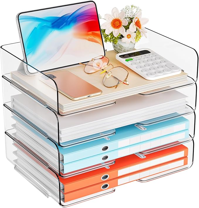 StorBin 4 Trays Paper Organizer Letter Tray, Acrylic Stackable Desk File Organizer, Clear Office Desk Organizer for File Paper, Ipad, Letter, A4 Office File, Books, Notes