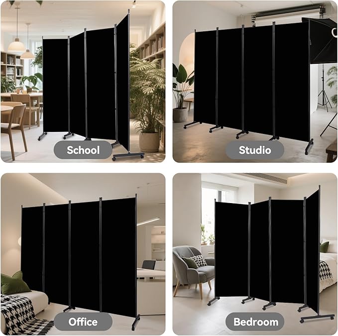 Room Divider (4 Panel) Wall Divider for Room Separation, 88 inch Wide Portable Privacy Screens W/Wheels, Metal Frame Freestanding Room Separators 5.6FT Room Partitions and Dividers