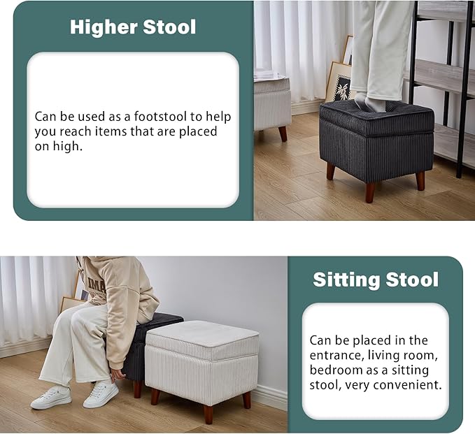 FAGAGA Storage Ottoman with Adjustable Lid, Soft Step Stool, Footrest and Seat, Ottoman Foot Rest for Living Room, Bedroom, Dorm, Dark Gray