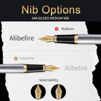 HDDNB Silver Luxury Fountain Pen Set for Men and Women with Gift Box, 24K Gold Finish and Gilded Nib(Medium) with 5 Black Ink Cartridges and Converter