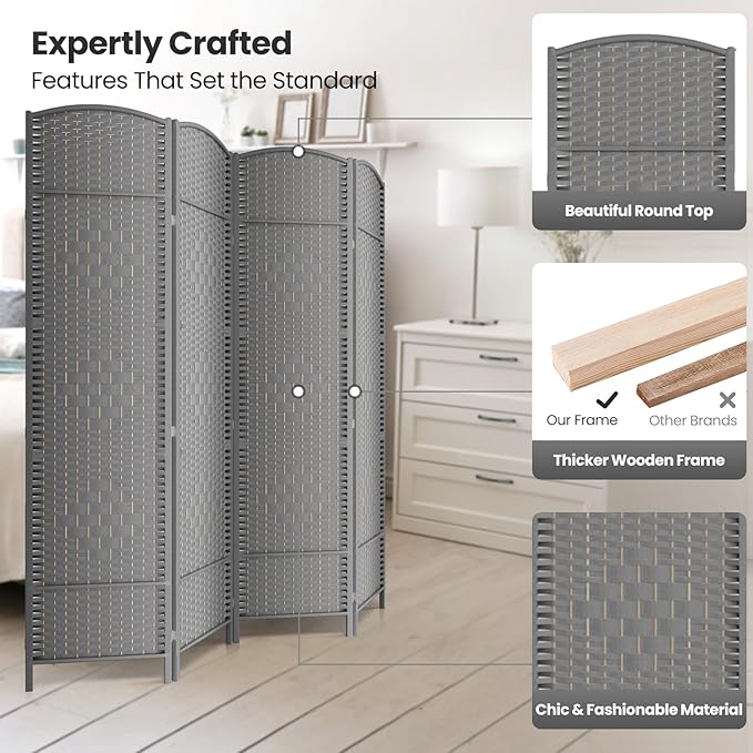 cocosica Paper Rope Room Divider, 4 Panel Wood Mesh Woven Design Screen with Double Sides Weaved, Foldable Portable Partition Divider Screen for Decorationg of Bedroom,LivingRoom,Office Separator