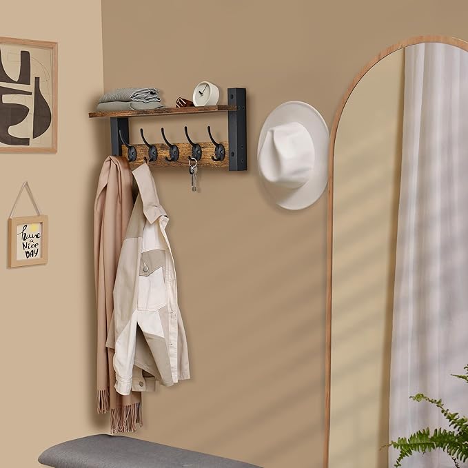 Sorbus Coat Hooks Wall Mount with Shelf – 16 Inch Coat Rack Wall Mount with 5 Heavy Duty Hooks – Floating Wall Shelf with Hooks for Entryway, Bathroom, Bedroom, Kitchen, or Mudroom (Rustic Brown)