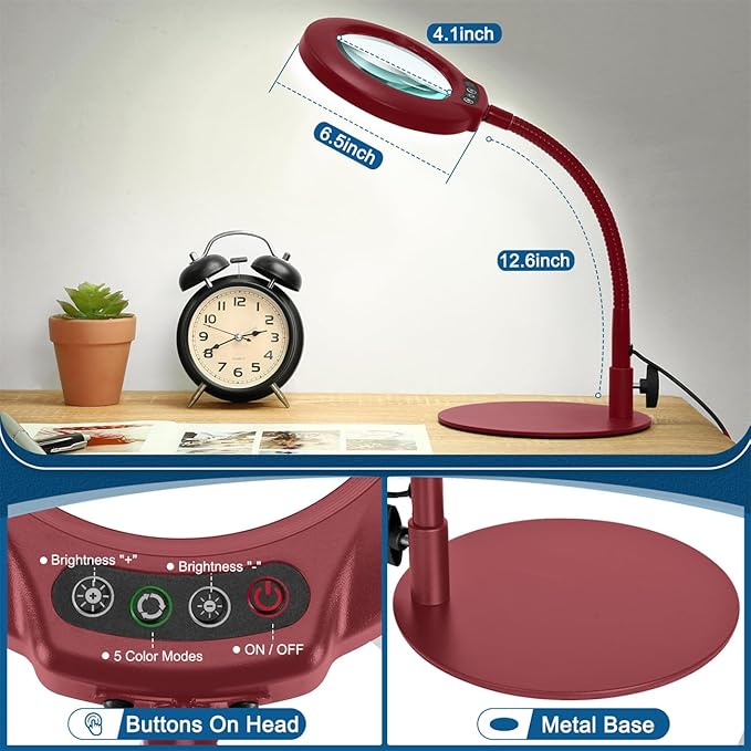 IVMAIE 10X Magnifying Glass with Light, Real Glass Lens, 5 Color Modes Dimmable, Flexible Gooseneck Lighted Magnifier with Stand, LED Desk Lamp Hands Free for Crafts Painting Reading Close Work, Red