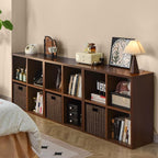 IRONMIX Metal 4 Cube Storage Organizer, Modern Short Bookshelf with Storage, 2 Tier Horizontal Bookshelf Cube Shelf, Small TV Stand Cabinet Display Case for Home Office Library (Dark Wooden, 700)