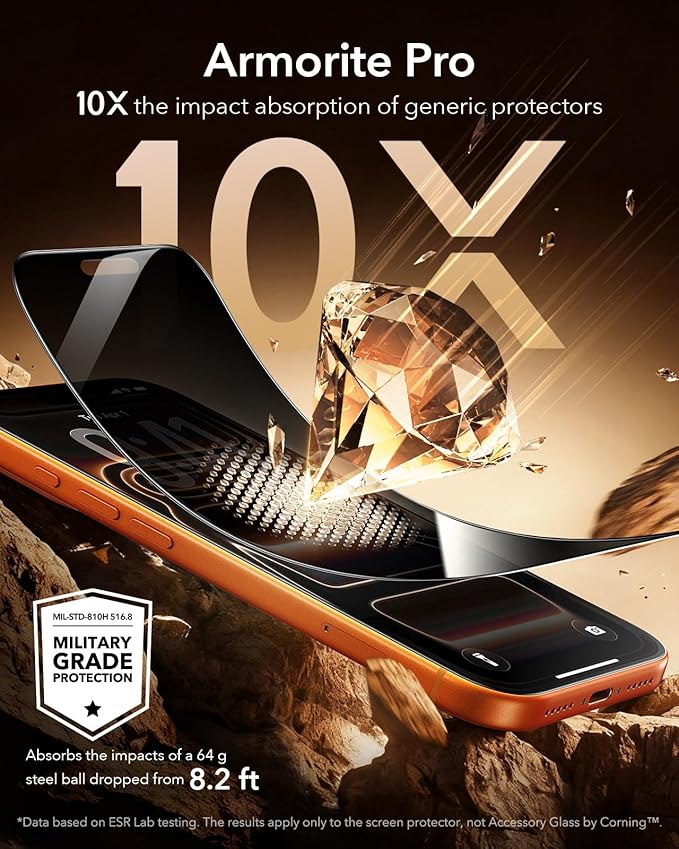 ESR Accessory Glass by Corning™ 3 Pack 9H+ Glass for iPhone 17 Pro Privacy Screen Protector, with AR Anti-Reflective Technology, Military Grade Shatterproof & Durable with UltraFit Tray