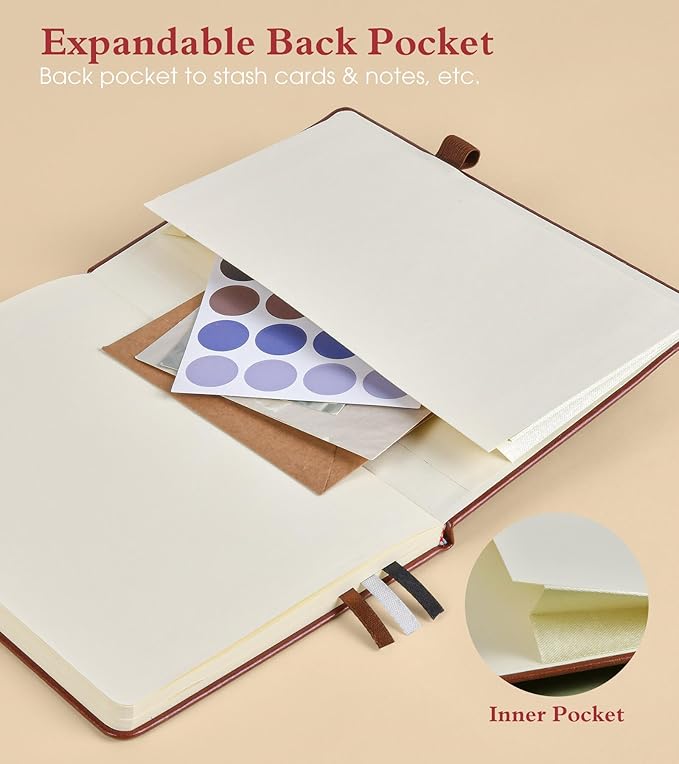 PAIBAS Graph Notebook for Women Men, 160 Pages Grid Paper, Graphing Notebooks for School, Work, Quad Ruled, Inner Pocket, A5 Hardcover Vintage Leather Journals for Writing, 5.8"x8.5" (Brown)