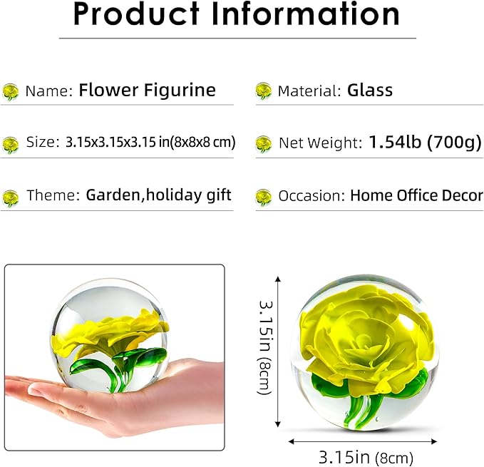 EUSTUMA Hand Blown Glass Flower Paperweight Figurine for Office Desk.Give You A Gift from The Person You Love, The Garden Decoration. (Yellow Flower)