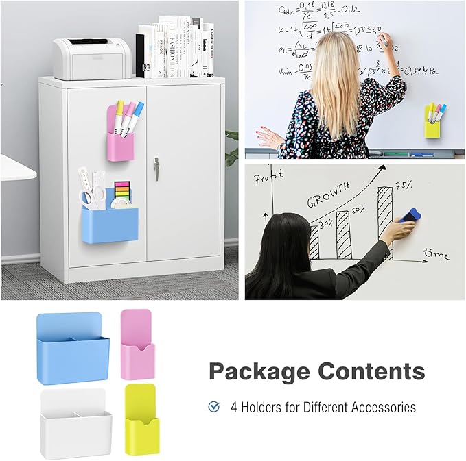 MoKo Magneitc Dry Erase Marker Holder Set, 4-Pack Magnetic Marker Pencil Pen Holder Cup Organizer for Metal & Magnetic Surface, 2 Large & 2 Small Holders, Blue/White/Pink/Yellow