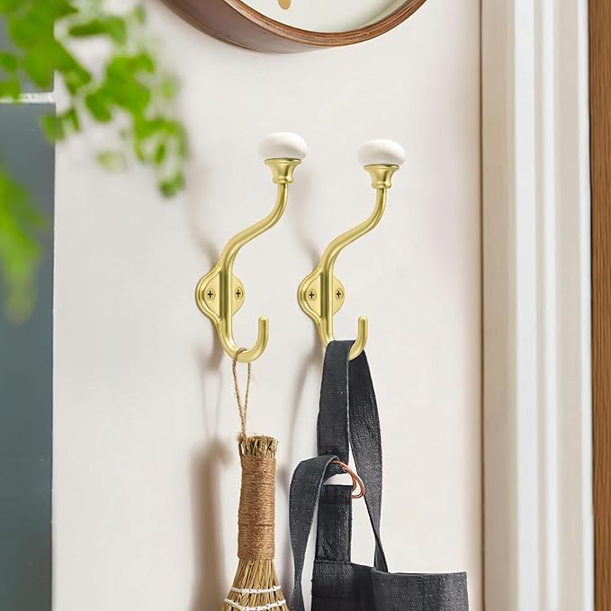 TUNNY Coat Hooks - 5 Pack Brushed Gold Towel Hooks Robe Hooks Decorative Wall Hooks for Bathroom Bedroom Kitchen Towel Robe Clothes Cabinet Closet Bathroom Hardware