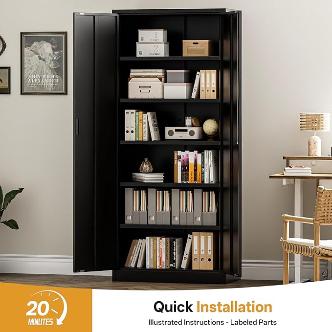 TaskStorz Metal Garage Storage Cabinets,71” Tall Metal File Cabinet with 5 Adjustable Shelves, Lockable Storage Cabinets for Office, Home, Garage, Warehouse 71" H x 32" W x 16" D (Black)