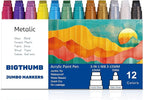 BIGTHUMB Jumbo Graffiti Poster Markers Set: 12 Metallic Colors Large 15mm Wide Tip Permanent Ink Thick Acrylic Paint Pens for Rock Painting, Stone, Glass, Wood, Ceramic, Metal, Plastic, Fabric