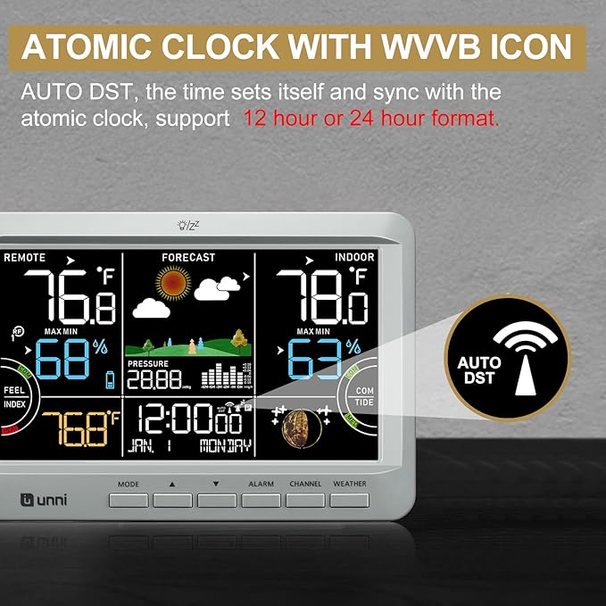 Weather Station Indoor Outdoor Thermometer Wireless, Home Atomic Clock with Large Constant Display, Inside Outside Temperature Humidity Monitor, Dew Heat Point, Barometer Grey