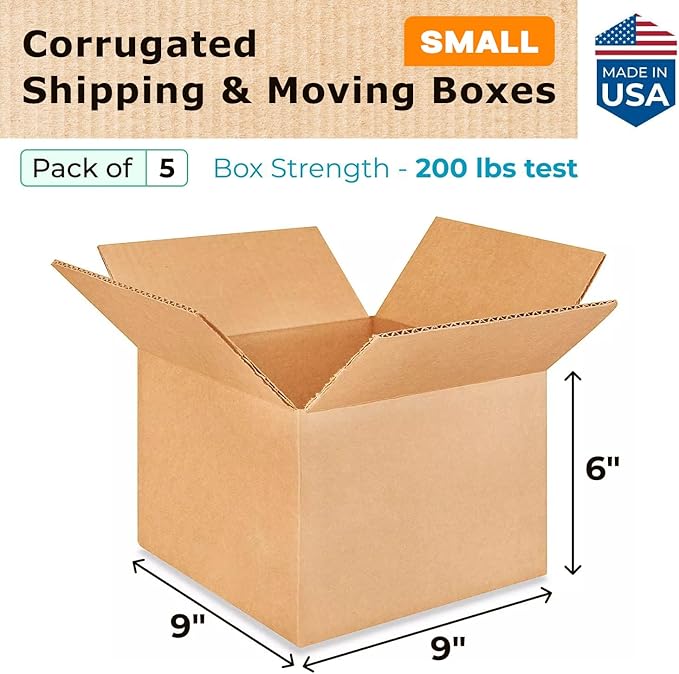 Small Moving & Shipping Boxes 9 x 9 x 6 inches (5-Pack) - Extra Strength 200 lb vs Regular - Corrugated Packing Boxes for Delivery - Cardboard Moving Box - Moving Supplies Box by IDL Packaging