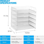 Letter Tray Paper Organizer 5-Tier Desk Organizer File Organizer Paper Holder with Handle, Metal Desktop Document Shelf Tray Office Classroom Organization - White