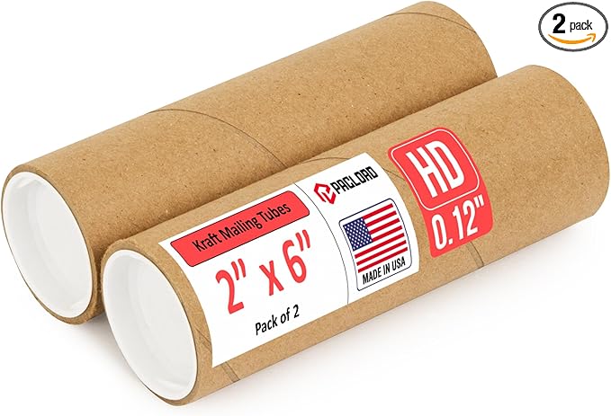 Paclord 2" x 6" Heavy-Duty Reinforced Cardboard Mailing Tube, Pack of 2 Tubes with 4 Caps – Secure USPS Approved – Great for Shipping and Storing of Prints, Artwork, Posters or Documents