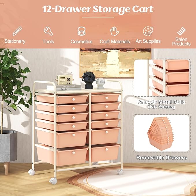 Happygrill 12-Drawer Rolling Storage Cart, Multipurpose Storage Cart W/Lockable Wheels, 2 Sizes Plastic Drawers & Metal Shelf, Mobile Utility Cart for Home Office School (Peach Fuzz)