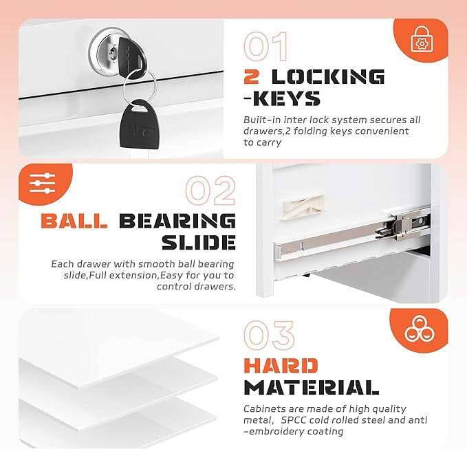 INTERGREAT Lateral File Cabinet 2 Drawer, White Metal File Cabinets for Home Office, Locking File Cabinet for Letter/Legal/F4/A4 Size Hanging Files, Easy Assembly