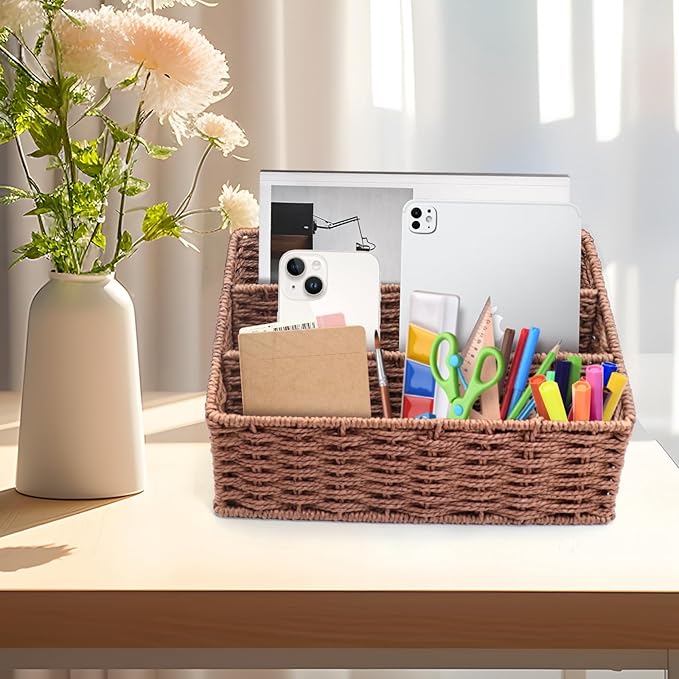 Woven Mail Organizer for Desk Countertop, Mail Holder Sorter Storage Basket for Desktop Counter, Mail Bill File Envelope Letter Holder Organizer Basket for Desk Desktop Countertop, Brown