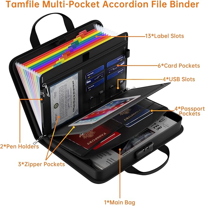 5200℉ Fireproof Accordion File Organizer with Lock, Thickened Document Organizer 13 Colorful Pocket with Labels, Important Document Organizer, Expanding File Folder with Handle for Letter A4 (Black)