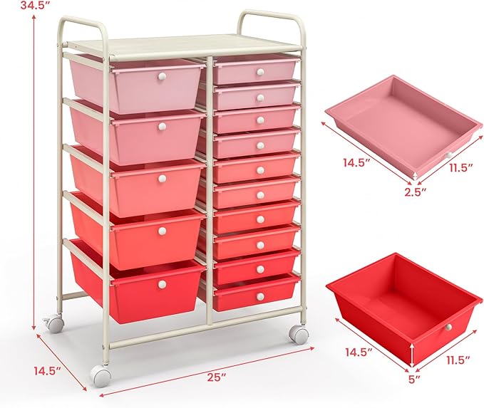 GLACER 15 Drawers Rolling Cart, Storage Cart with w/Removable Drawers & Steel Frame, Multipurpose Organizer Cart w/Sleek Handle, Utility Cart on Lockable Wheels for Home, School, Office (Pink)