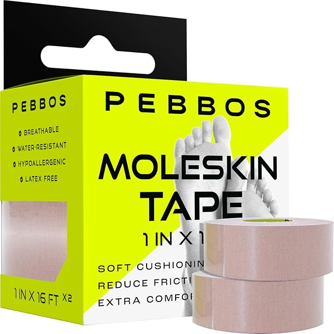 Pebbos Moleskin Tape – 1in x 16ft – Anti-Friction Cushioning Tape | Water-Resistant & Hypoallergenic | Thin Moleskin Athletic Tape for Running, Hiking, Walking – 2 Rolls