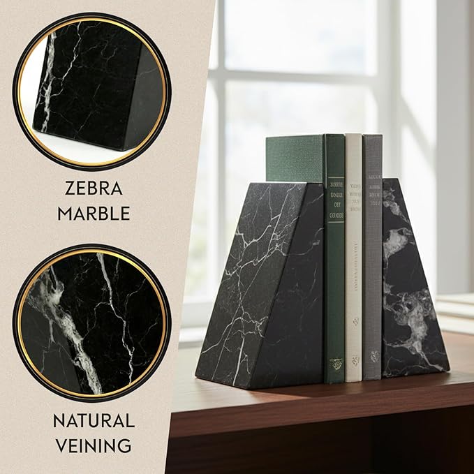 Bey-Berk Whitney Zebra Marble Bookends (Black, Set of 2), 4" x 2.5" x 6" Heavy Wedge Book Ends for Desk, Shelf, or Office
