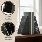 Bey-Berk Whitney Zebra Marble Bookends (Black, Set of 2), 4" x 2.5" x 6" Heavy Wedge Book Ends for Desk, Shelf, or Office